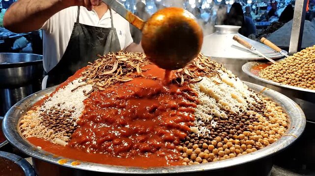 A street vendor in a bustling Egyptian night market expertly serves a giant mountain of Koshari, layering the traditional blend of rice, macaroni