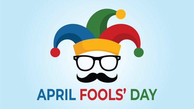 April fools day fun illustration with colorful jester hat, glasses and mustache icon on light blue background for prank holiday celebration design