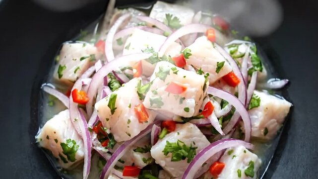 A vibrant overhead close-up view highlights fresh Peruvian ceviche cubes marinated in lime, featuring red onion slices