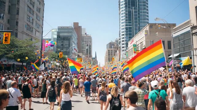 Large pride parade in city with rainbow flags and diverse crowd celebrating LGBTQ+ community on sunny day