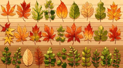 Autumn leaves arranged in a gradient of colors on a wooden floor