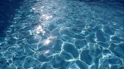 Water ripples in a bright blue swimming pool, sunlight reflections, crystal clear
