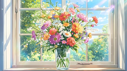 Colorful spring flowers in a glass vase on a windowsill, bright sun
