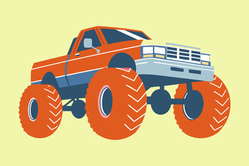 Flat Vector Monster Truck with Big Tires, Off Road Pickup Illustration. © zixu