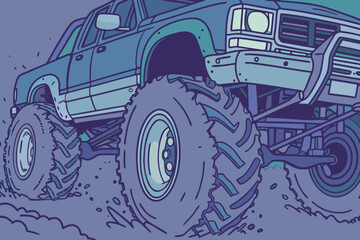Flat Vector Monster Truck with Big Tires, Off Road Pickup Illustration. © zixu