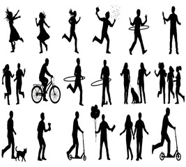 Fototapeta premium A collection of black silhouette figures depicting various recreational activities and dynamic poses high quality professional