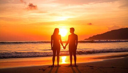 Fototapeta premium Two people holding hands on beach at sunset, silhouettes against glowing horizon, warm orange sky, tranquil water reflection, connection, romance, serenity, emotional visual composition.