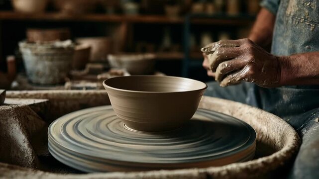 Skilled artisan shaping a clay bowl on a pottery wheel in a rustic studio