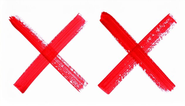 Two bold red &ldquo;X&rdquo; marks painted with textured brush strokes on white background, symbolizing error, rejection, correction, emphasis, abstract visual, strong artistic statement.