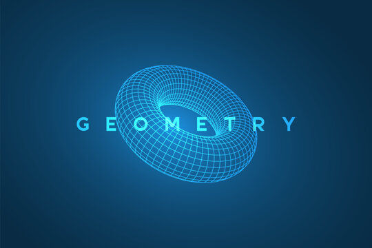 Abstract vector illustration of a blue wireframe torus or donut shape with digital grid mesh. Mathematical 3D model representing geometry, technology and science concepts.