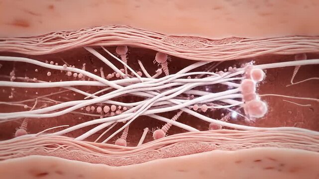 Microscopic view of human skin with fungal infection and hyphae.