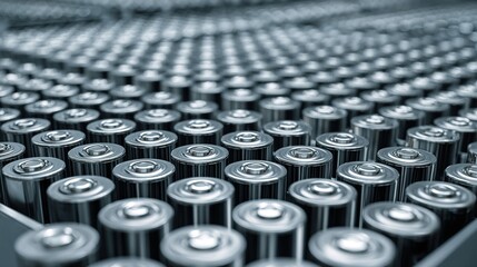 Assembly of Cylindrical Lithium-ion Battery Cells Organized Neatly in a Standard Scale Industrial Environment Close-up Perspective Technology Concept for Energy Storage Solutions