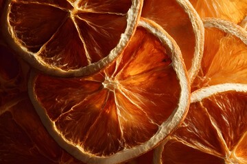 Top-down view of a dried orange slice, emphasizing the texture and translucency of the fruit's pulp and skin. Surface details of the organic pattern and rich orange hue of the dried fruit