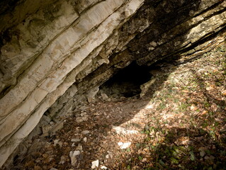 Ingresso di grotta naturale in parete rocciosa con foglie secche e luce esterna