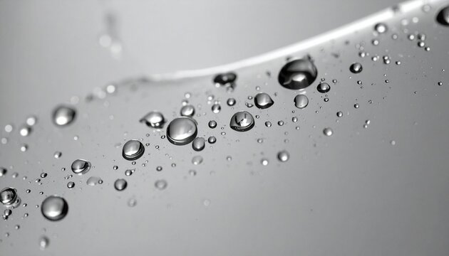 Transparent surface scattered with water droplets, varied sizes, light gray background, clarity emphasized, condensation effect, physics study, surface tension, natural pattern, abstract visual compos