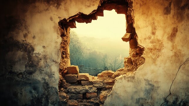 A gaping hole in a crumbling plaster wall reveals a hazy view of distant trees and bright sky