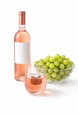 Obraz premium Chilled rose wine bottle with condensation and rose wine glass with clear chilling stone grapes in acrylic bowl high key studio isolated on white