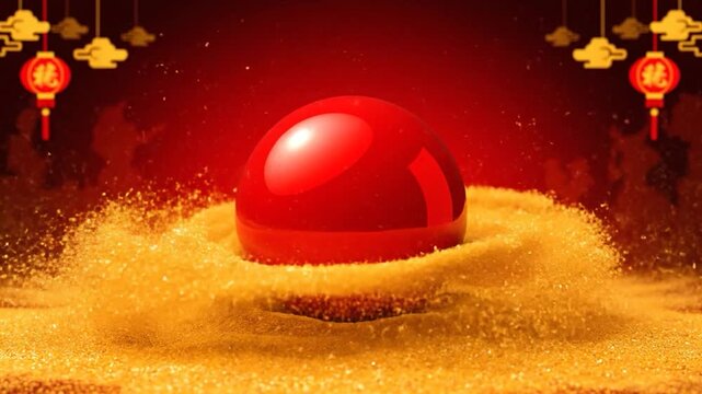 A glistening red orb rests on golden sand with decorative lanterns and a deep red background