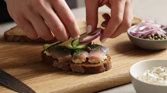 Close-up of hands preparing a delicious open-faced sandwich with herring, dill, and fresh vegetables on a wooden board.