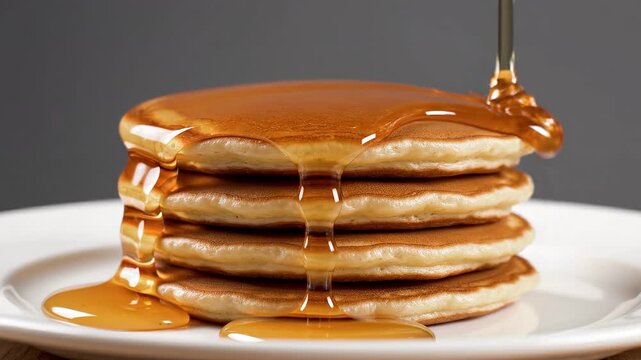 A luxurious close-up shot captures thick golden caramel syrup being meticulously poured onto a beautifully stacked pile of four fluffy pancake
