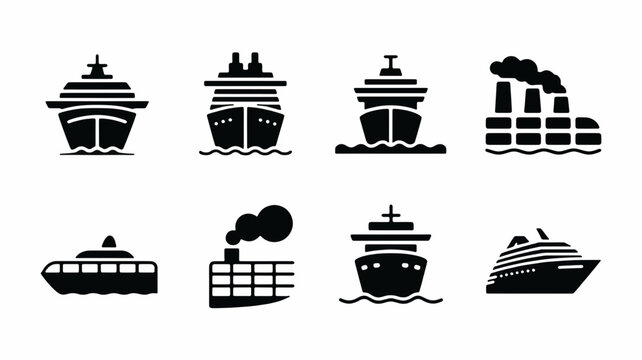 Ships and Industrial Icon set: A cohesive collection of ship and industrial icons, perfect for representing diverse maritime and manufacturing themes.