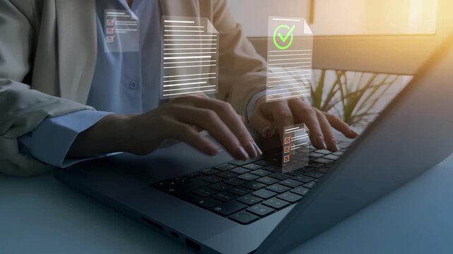 Checking digital documents on laptop with checklist approval icon, verification,control, productivity and online documents. Document of Standards,Rules, Regulations,Requirements and Compliance.	
