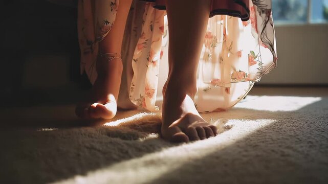 Woman sitting on a chair with bare feet on carpet in a sunlit room during daytime