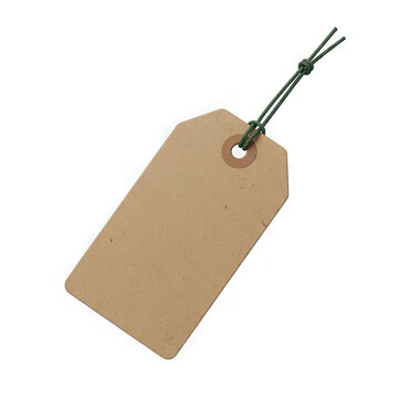 A plain kraft paper tag attached with a metallic string for labeling or packaging purposes isolated on transparent background