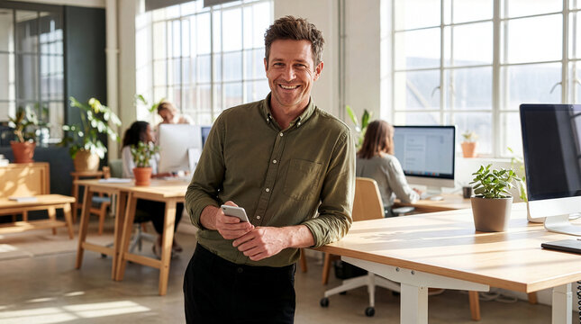 Casual entrepreneur connecting via smartphone in open-plan company premises
