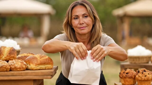 A woman with long brown hair places a loaf of bread into a paper bag at an outdoor market. Various baked goods are displayed on wooden tables.