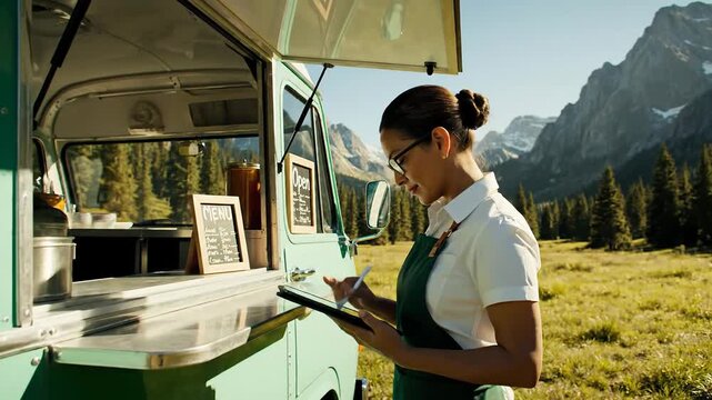 Woman in apron uses tablet at mountain food truck, scenic landscape, sunny day