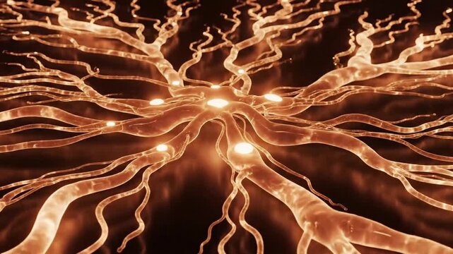 Abstract glowing neural network illustration depicting interconnected neurons and synapses symbolizing artificial intelligence data transmission and complex biological processes in a futuristic style