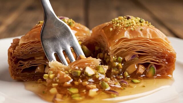 A close-up shot captures a fork plunging into a fresh piece of glistening baklava, revealing flaky phyllo layers saturated with golden honey and crush