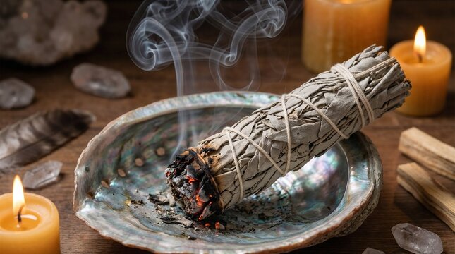 Smudging sage bundle producing smoke on abalone shell with candles  