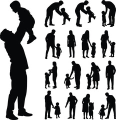 Fototapeta premium Collection of black silhouettes featuring parents and children playing, walking, and holding hands isolated on a white background for family concepts.