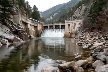 Hydroelectric dam in a mountain gorge with water flowing, and scenic landscape.