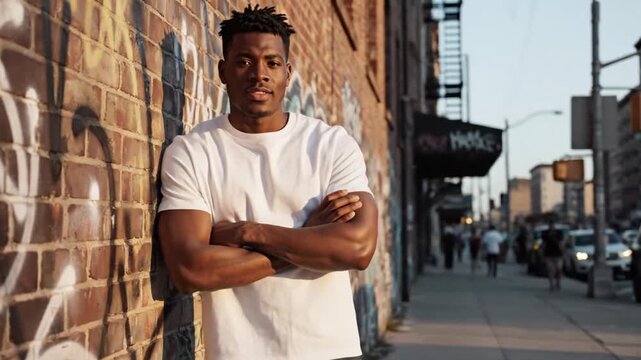 Young adult male wearing a blank oversized white cotton t-shirt standing in a modern urban city environment with street background for apparel design mockup and branding presentation