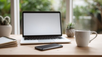 Laptop and smartphone on wooden desk with coffee cup and plants