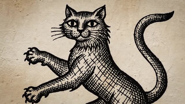 Vintage medieval woodcut engraving of a curious domestic feline standing upright on hind legs, antique black and white animal illustration with hand-drawn etched texture and simple rustic charm.