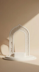 Elegant Islamic arch with a display platform on a serene neutral background illuminated by soft light and shadows