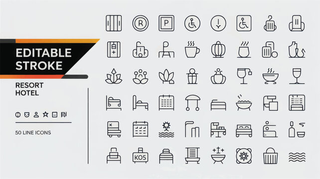 Collection of simple line icons representing various hotel and resort services and amenities