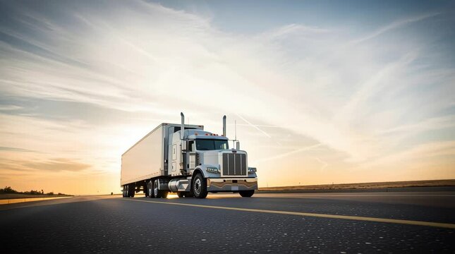 White semi truck driving on highway during sunset. Big rig with trailer delivering cargo at golden hour. Commercial transportation concept.