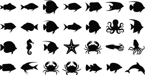 Black silhouettes of various sea creatures on white background ocean animals fish crab octopus © Salam Creatives