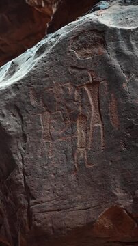 Vertical close-up, ancient petroglyph carvings and inscriptions in Khazali Canyon, Jebel Khazali, Wadi Rum, Jordan, etched into desert rock for history and culture themes