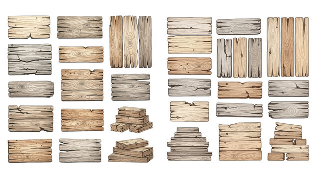 Collection of various aged and weathered wooden planks, panels, and signs with rustic textures.