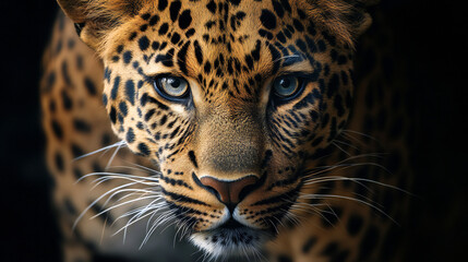 Obraz premium Close-up Portrait of a Cunning Leopard with Intense Blue Eyes in Dark Environment