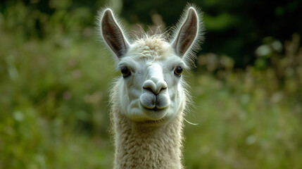 Naklejka premium Close-up of a curious white llama with a lush green blurred background capturing its expressive