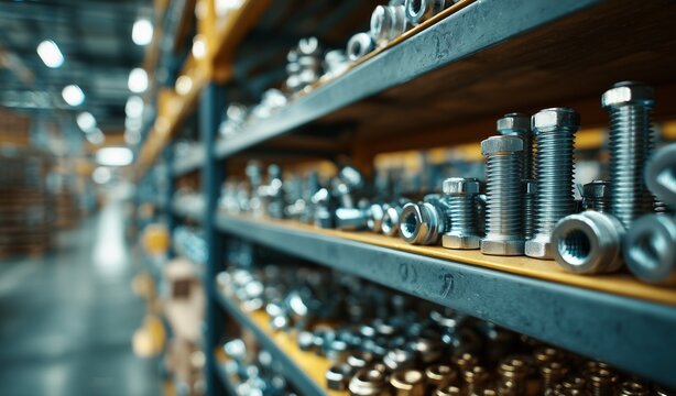 Metal bolts and screws on warehouse shelves, industrial storage and hardware supply