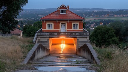Fototapeta premium Illuminated Tunnel House at Dusk Unique Architecture against Scenic Backdrop.