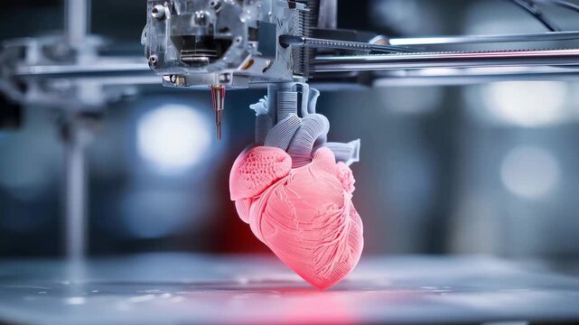 3D printer creates a heart model in a modern lab setting during a demonstration of technology for medical purposes